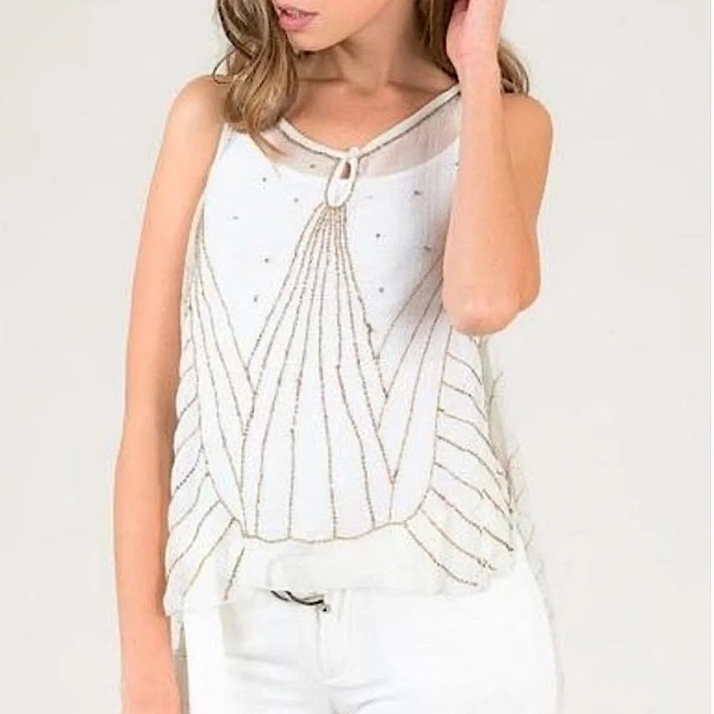Sleeveless White Beaded Shell Top